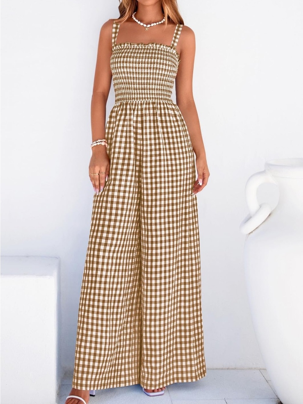 #55 Pretty Garden Smocked Wide-Leg Jumpsuit Gingham Rompers